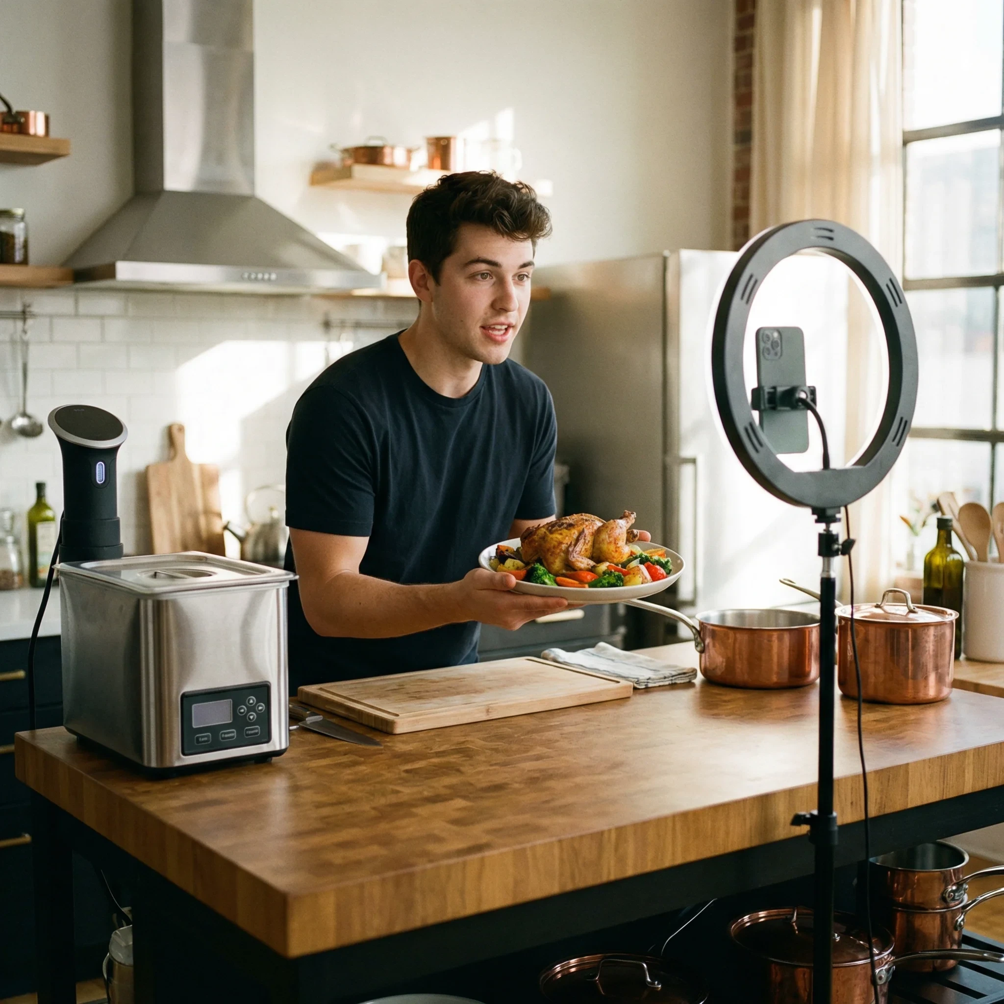 17c签约美食达人大厨阿杰在厨房拍摄美食视频